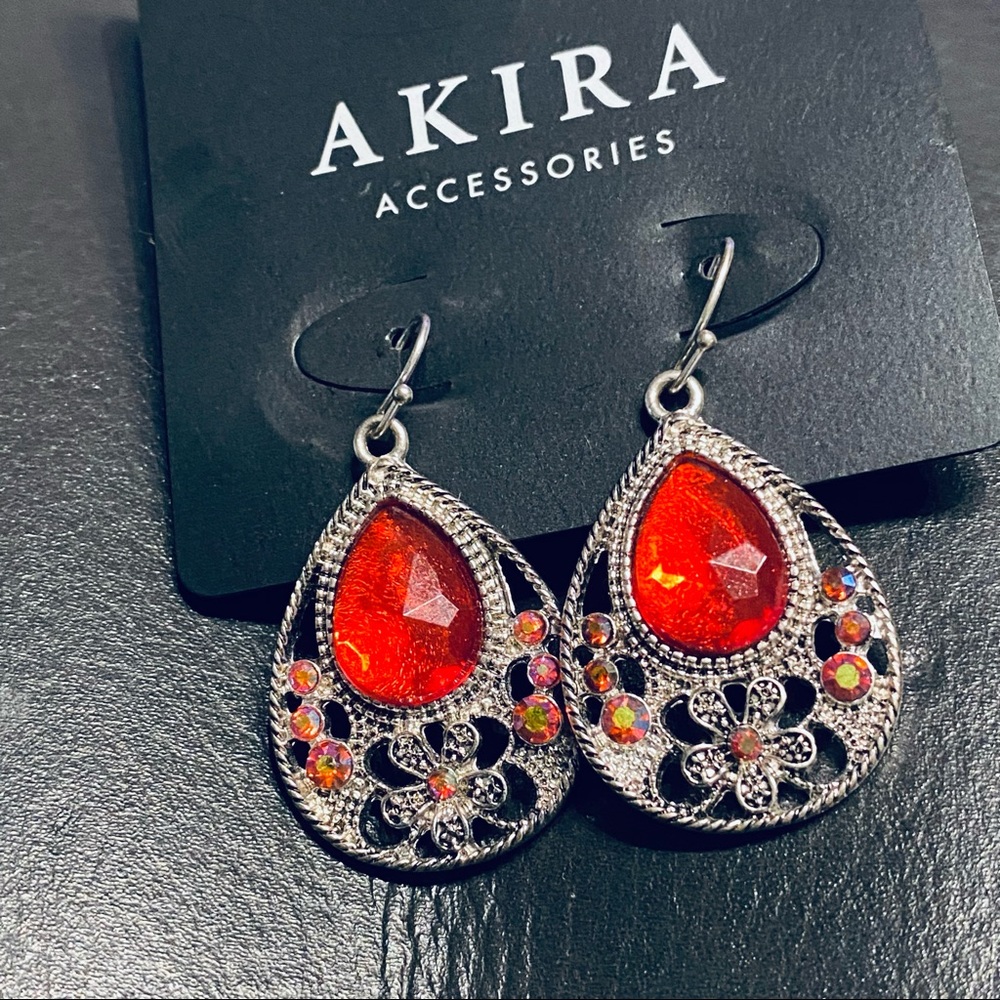Akira NWT vintage elegant bright blood orange and opal tear drop silver earrings